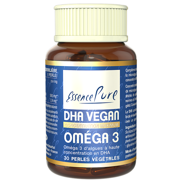 DHA Vegan Oméga 3 EssencePure 30 perles – huile de microalgue Schizochytrium et 500 mg de DHA