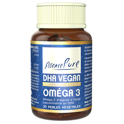 DHA Vegan Oméga 3 30 perles DHA Vegan Oméga 3 EssencePure 30 perles – huile de microalgue Schizochytrium et 500 mg de DHA
