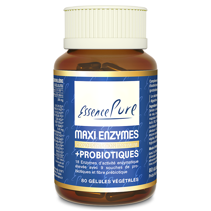 Maxi Enzymes Probiotiques 80 gélules Maxi Enzymes Probiotiques EssencePure 80 gélules – enzymes digestives, ferments lactiques, FOS et inuline