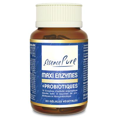 Maxi Enzymes Probiotiques 80 gélules Maxi Enzymes Probiotiques EssencePure 80 gélules – enzymes digestives, ferments lactiques, FOS et inuline