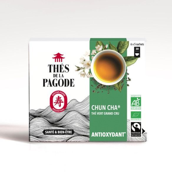 Chun Cha Thé Vert Bio – 30 sachets Chun Cha Thé Vert Bio Thés de la Pagode 30 sachets au thé vert, jasmin et Pu-Erh Bio