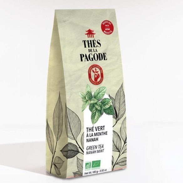 Thé Vert à la Menthe Bio – 100 g Thé Vert à la Menthe Bio Thés de la Pagode 100 g au Gunpowder avec feuilles de Menthe Nanah Bio du Maroc