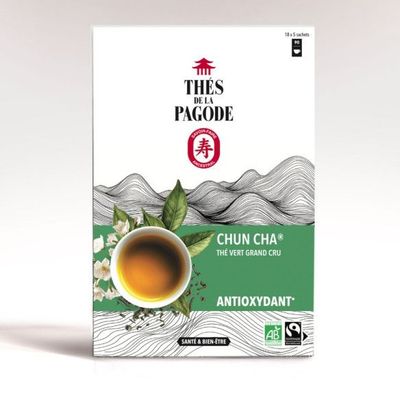 Chun Cha Thé Vert Bio Thés de la Pagode 90 sachets au thé vert, jasmin et Pu-Erh Bio

