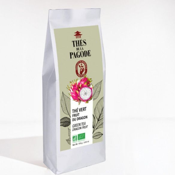 Thé Vert Fruit du Dragon Bio – 100 g Thé Vert Fruit du Dragon Bio Thés de la Pagode 100 g au thé vert Chun Mee et Sencha avec Pitaya, coing, pêche et litchi