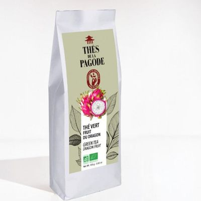 Thé Vert Fruit du Dragon Bio – 100 g Thé Vert Fruit du Dragon Bio Thés de la Pagode 100 g au thé vert Chun Mee et Sencha avec Pitaya, coing, pêche et litchi