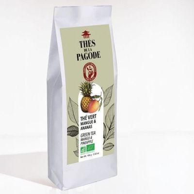 Thé Vert Mangue Ananas Bio – 100 g Thé Vert Mangue Ananas Bio Thés de la Pagode 100 g au thé vert Bio avec mangue, flocons d’ananas et huile d’orange