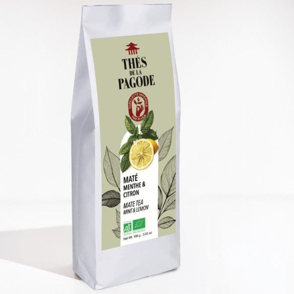 Maté Menthe-Citron Bio – 100 g Maté Menthe-Citron Bio Thés de la Pagode 100 g avec maté d’Argentine, citronnelle, menthe poivrée et citron