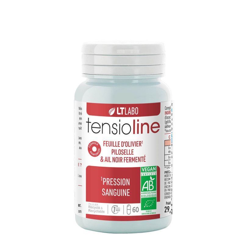 Tensioline Bio – 60 Gélules Tensioline Bio LT Labo – Feuilles d’olivier, piloselle et ail noir fermenté pour la pression sanguine – 60 Gélules