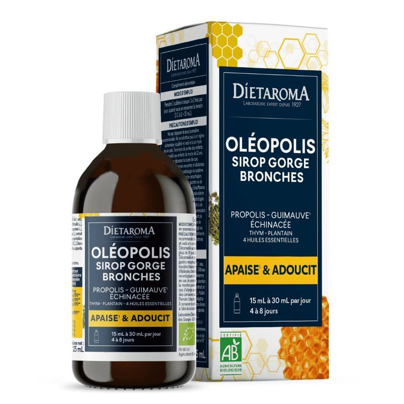 Oléopolis Sirop Bio – Apaise & adoucit – 125 mL Oléopolis Sirop Gorge Bronches Dietaroma à la propolis, guimauve, échinacée, thym, plantain et huiles essentielles – 125 mL