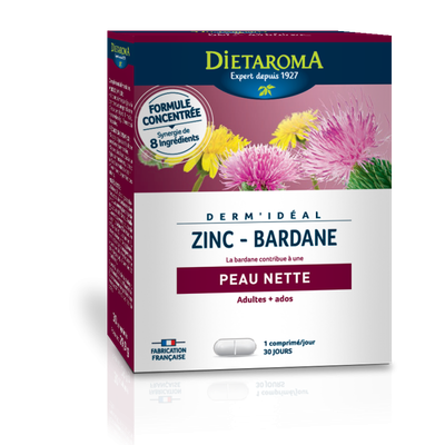 derm ideal 30 comprimes peau nette bardane zinc vitamines complement alimentaire herboristerie cousin wiame wattrelos