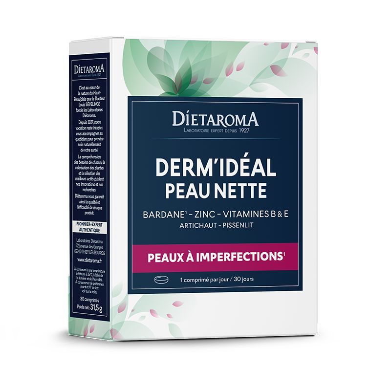 Dermidéal Peau Nette – Peaux à imperfections – 30 comprimés Dermidéal Peau Nette Dietaroma à base de bardane, zinc, artichaut et pissenlit pour les peaux à imperfections – 30 comprimés