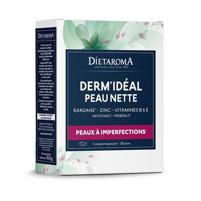 Dermidéal Peau Nette – Peaux à imperfections – 30 comprimés Dermidéal Peau Nette Dietaroma à base de bardane, zinc, artichaut et pissenlit pour les peaux à imperfections – 30 comprimés