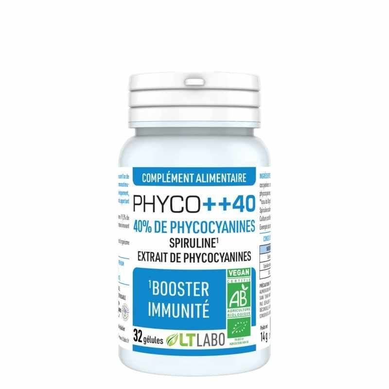 Phyco++40 Bio – 32 gélules Phyco++40 Bio LT Labo – Spiruline et extrait de spiruline à 40 % de phycocyanines – 32 gélules