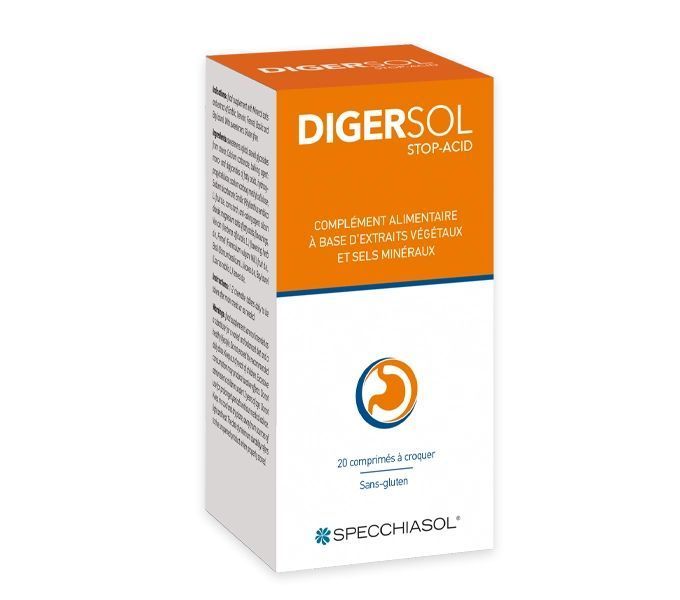 DIGERSOL Stop-Acid – 20 comprimés à croquer DIGERSOL Stop-Acid Biothalassol – Boîte de 20 comprimés à croquer avec carbonate de calcium, bicarbonate de sodium, amla