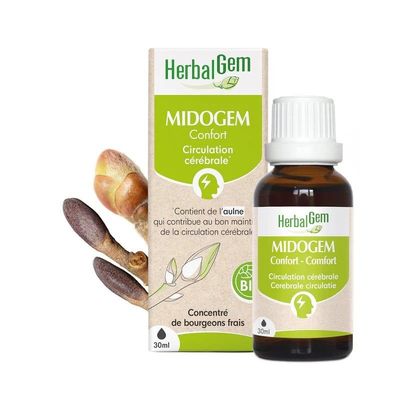 Midogem Bio HerbalGem – Circulation cérébrale – 30 ml Midogem Bio HerbalGem complexe de bourgeons circulation cérébrale à base de aulne, noisetier, églantier, flacon 30 ml.