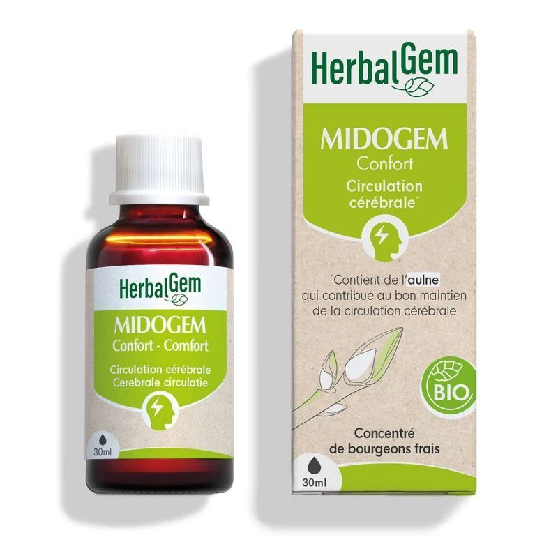 Midogem Bio HerbalGem – Circulation cérébrale – 30 ml Midogem Bio HerbalGem complexe de bourgeons circulation cérébrale à base de aulne, noisetier, églantier, flacon 30 ml.