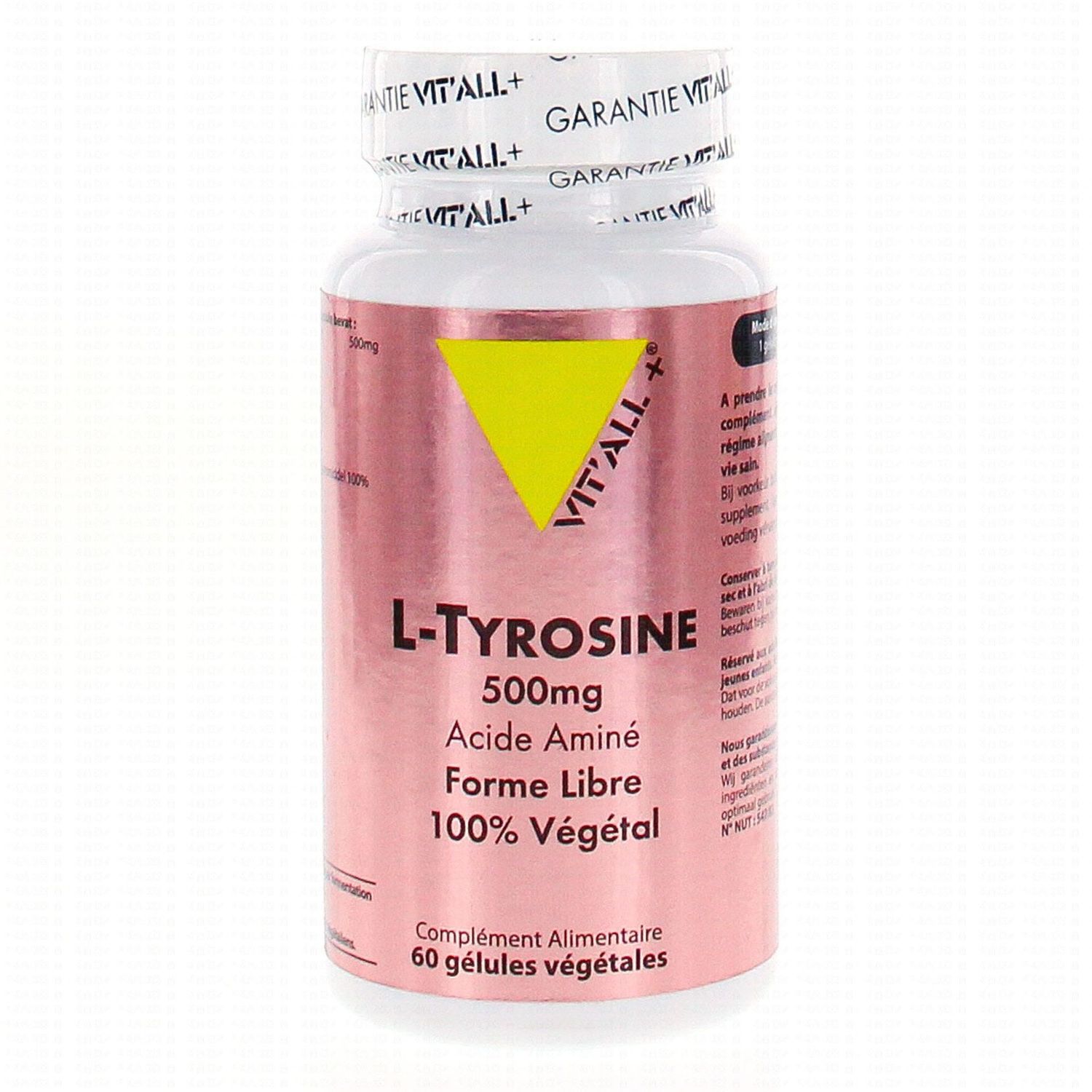 L-Tyrosine 60 gélules L-Tyrosine Vit'all+ 60 gélules végétales apportant 500 mg de L-Tyrosine par gélule.