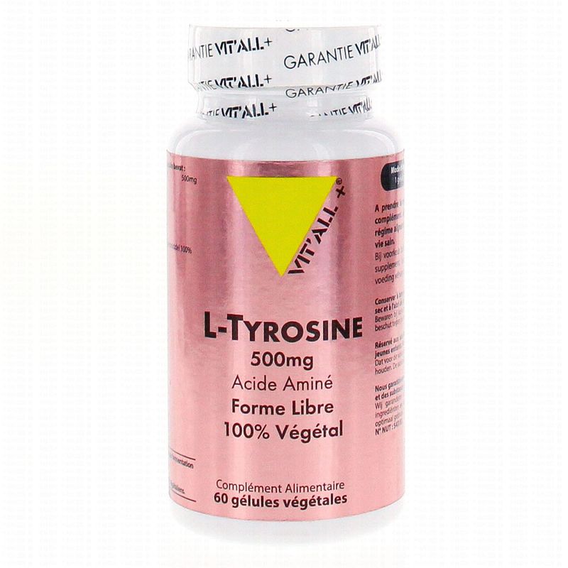 L-Tyrosine Vit'all+ 60 gélules végétales apportant 500 mg de L-Tyrosine par gélule.