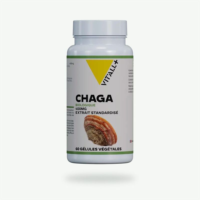 Chaga Bio 400 mg – 60 gélules Chaga Bio 400 mg Vit’All+ – Extrait d’Inonotus obliquus standardisé à 30 % de polysaccharides et 2 % de triterpènes
