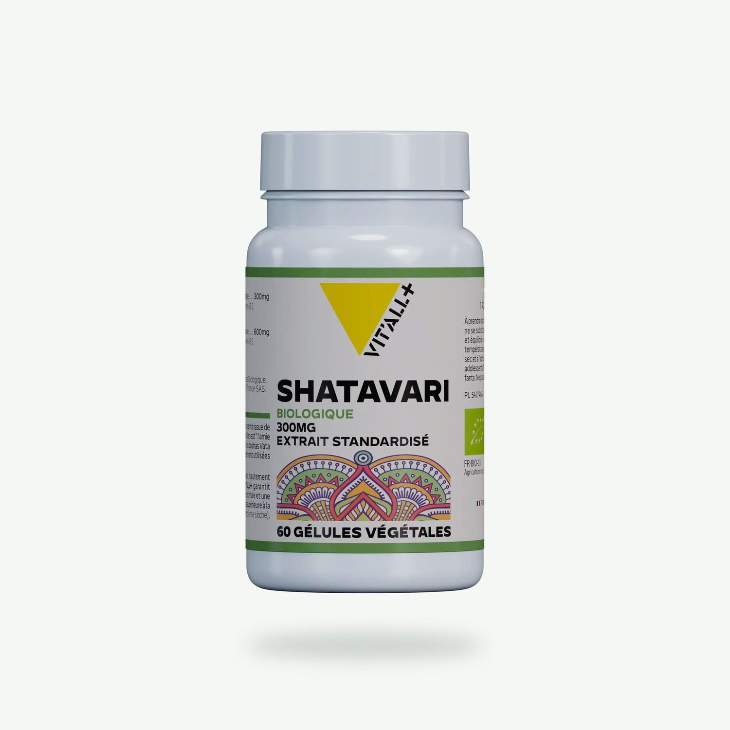Shatavari Bio 300 mg – 60 gélules Shatavari Bio 300 mg Vit’All+ – Extrait de racine d’Asparagus racemosus 8:1 standardisé à 30 % de saponines – 60 gélules