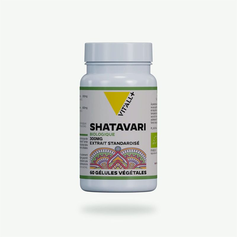 Shatavari Bio 300 mg – 60 gélules Shatavari Bio 300 mg Vit’All+ – Extrait de racine d’Asparagus racemosus 8:1 standardisé à 30 % de saponines – 60 gélules
