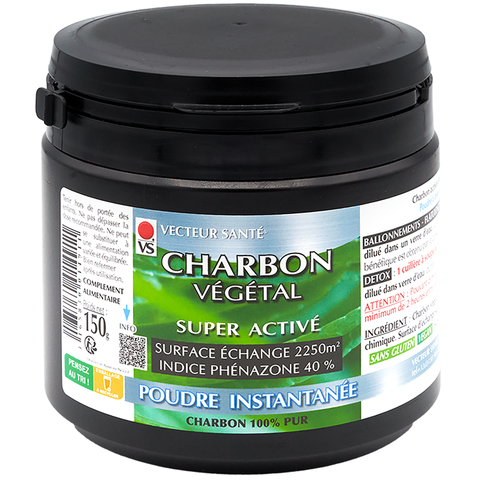 Charbon végétale 150 g (Super activité) Charbon Vegetal Super Active poudre 150 g charbon actif noix de coco Vecteur Sante