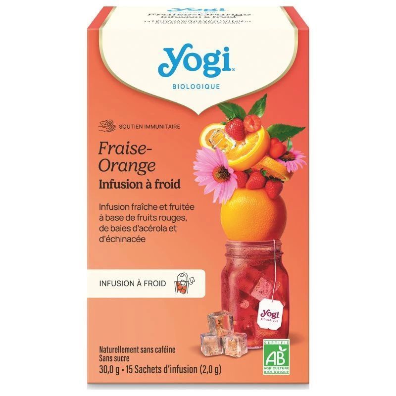 Infusion à froid Fraise-Orange Bio – Yogi Tea 15 sachets infusion ayurvédique hibiscus acérola échinacée boisson froide sans 