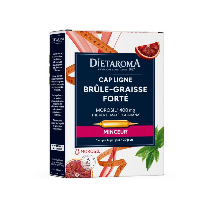Cap Ligne Brûle-Graisse Forté Diétaroma 20 ampoules au Morosil®, thé vert, maté et guarana pour programme minceur naturel