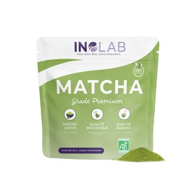 Matcha Bio Premium du Japon – 100 g Matcha Bio Premium Laboratoire Inolab origine Japon Kyushu – poudre de thé vert biologique 100 g
