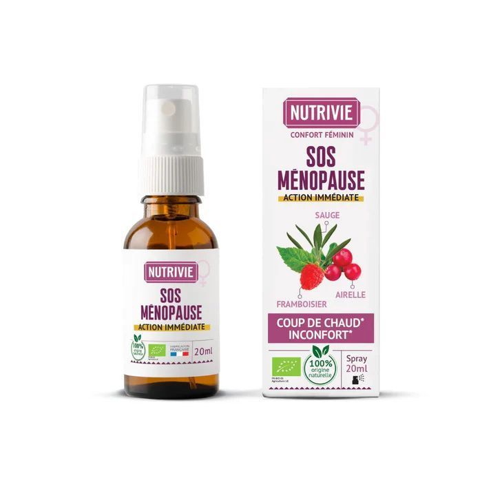 Spray SOS Ménopause Bio 20 ml Spray SOS Ménopause Nutrivie bio 20 ml à base de sauge mélisse et bourgeons de framboisier.