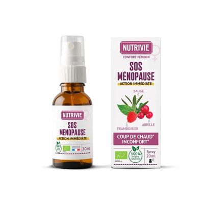 Spray SOS Ménopause Bio 20 ml Spray SOS Ménopause Nutrivie bio 20 ml à base de sauge mélisse et bourgeons de framboisier.