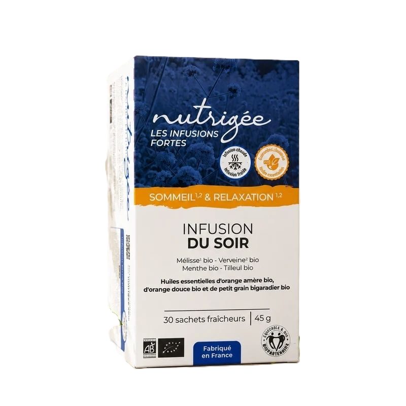 Infusion du Soir Bio Nutrigée – 30 sachets Infusion du Soir Bio Nutrigée sommeil et relaxation – boîte de 30 sachets
