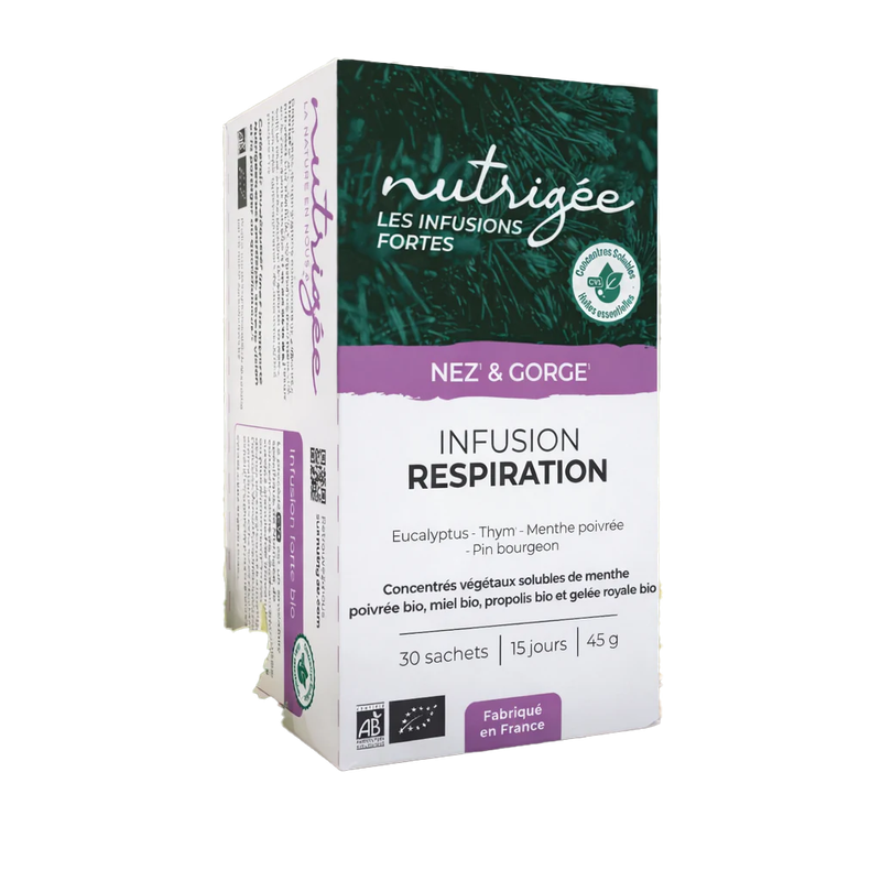 Infusion Respiration Bio Nutrigée – 30 sachets Infusion Respiration Bio Nutrigée au thym, eucalyptus et menthe poivrée – 30 sachets