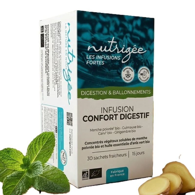 Infusion Confort Digestif Bio Nutrigée – 30 sachets Infusion Confort Digestif Bio Nutrigée menthe poivrée, guimauve et carvi – 30 sachets
