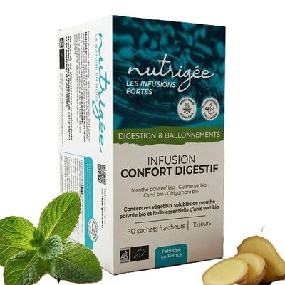 Infusion Confort Digestif Bio Nutrigée – 30 sachets Infusion Confort Digestif Bio Nutrigée menthe poivrée, guimauve et carvi – 30 sachets