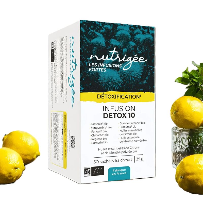 Infusion Détox 10 Bio Nutrigée – 30 sachets Infusion Détox 10 Bio Nutrigée au pissenlit, gingembre, fenouil et curcuma – 30 sachets