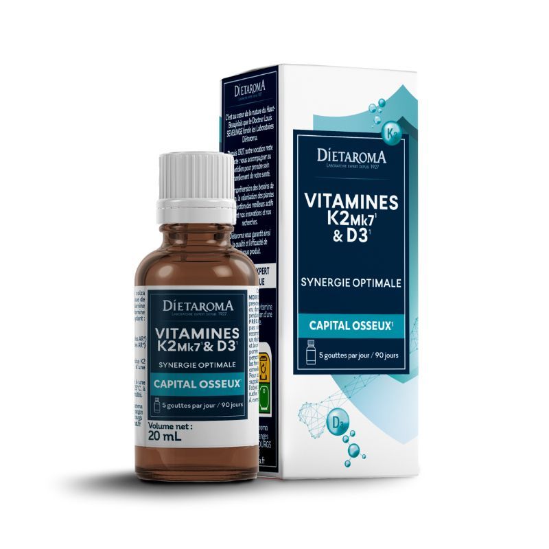Vitamines naturelles K2 & D3 – Capital osseux – 20 ml Vitamines naturelles K2 & D3 Diétaroma en gouttes avec vitamine K2-MK7 et vitamine D3 pour le capital osseux – 20 ml