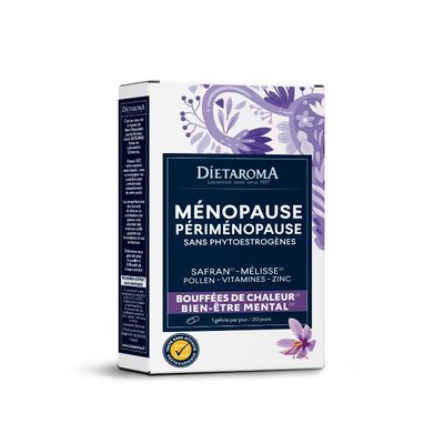 Ménopause Périménopause sans phytoestrogènes – 20 gélules Ménopause Périménopause Diétaroma sans phytoestrogènes au safran, mélisse, pollen, vitamines et zinc – 20 gélules