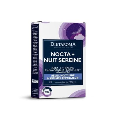 Nocta + Nuit Sereine – Réveil nocturne & sommeil réparateur – 30 comprimés Nocta + Nuit Sereine Diétaroma avec GABA, L-théanine, ashwagandha, passiflore et vitamine B6 – 30 comprimés
