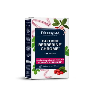 Cap Ligne Berbérine Chrome – Contrôle du sucre – 40 gélules Cap Ligne Berbérine Chrome Diétaroma avec berbérine, chrome et moringa – 40 gélules