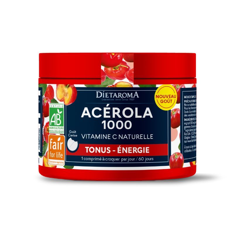 Acérola 1000 Bio – Tonus & Énergie – 60 comprimés Acérola 1000 Bio Diétaroma à croquer, vitamine C naturelle, origine Brésil, goût cerise – 60 comprimés