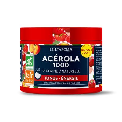 Acérola 1000 Bio – Tonus & Énergie – 60 comprimés Acérola 1000 Bio Diétaroma à croquer, vitamine C naturelle, origine Brésil, goût cerise – 60 comprimés
