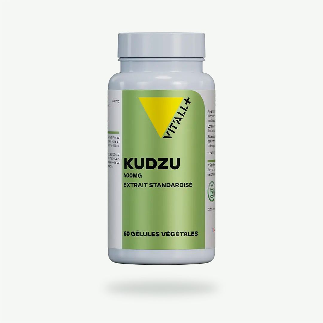 Kudzu 400 mg – 60 gélules Kudzu 400 mg Vit’All+ – Extrait de racine de Pueraria lobata 4:1 standardisé à 10 % de puérarine – 60 gélules