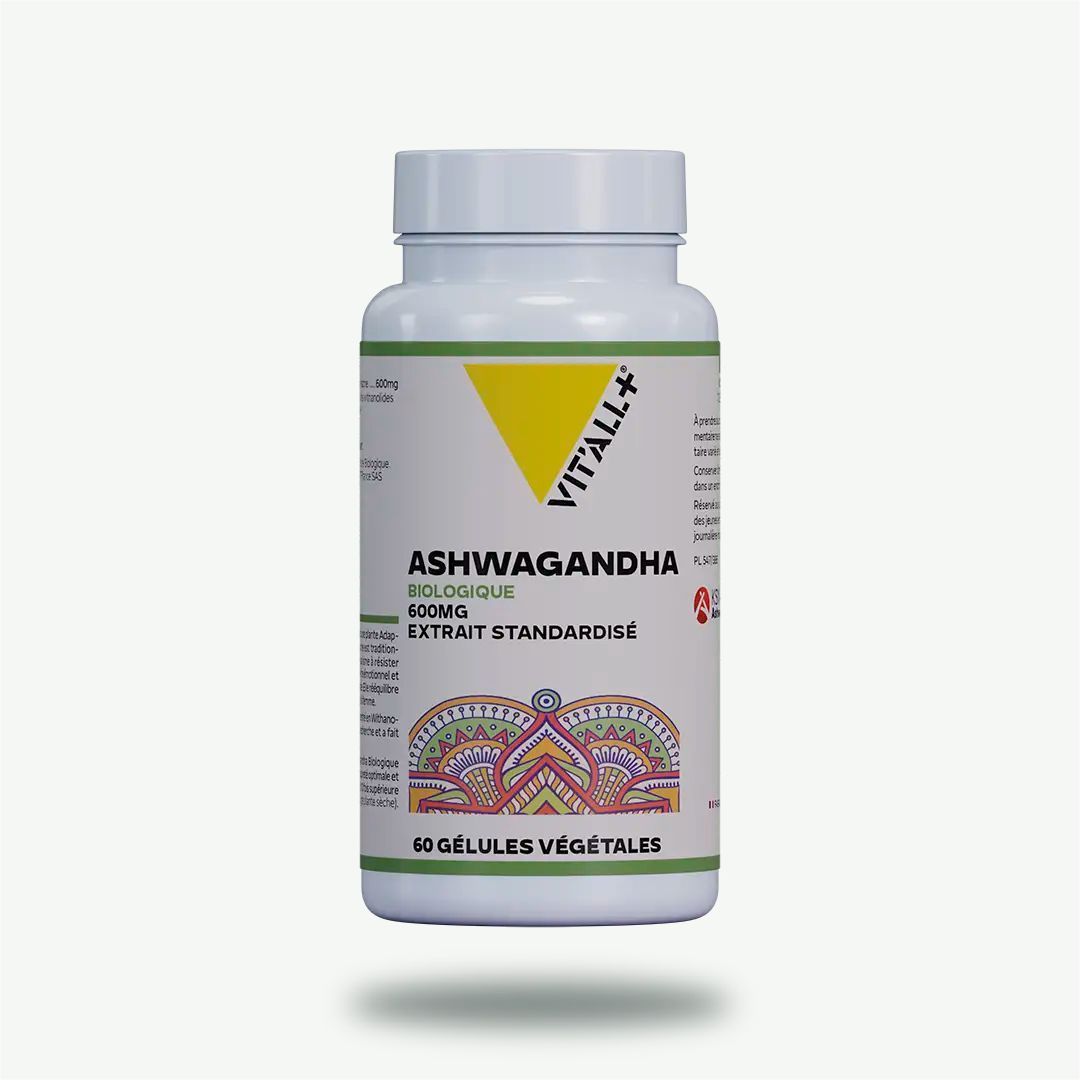 Ashwagandha Bio 600 mg – 60 gélules Ashwagandha Bio 600 mg Vit’All+ – Extrait de racine KSM-66® 10:1 standardisé à 5 % de withanolides – 60 gélules