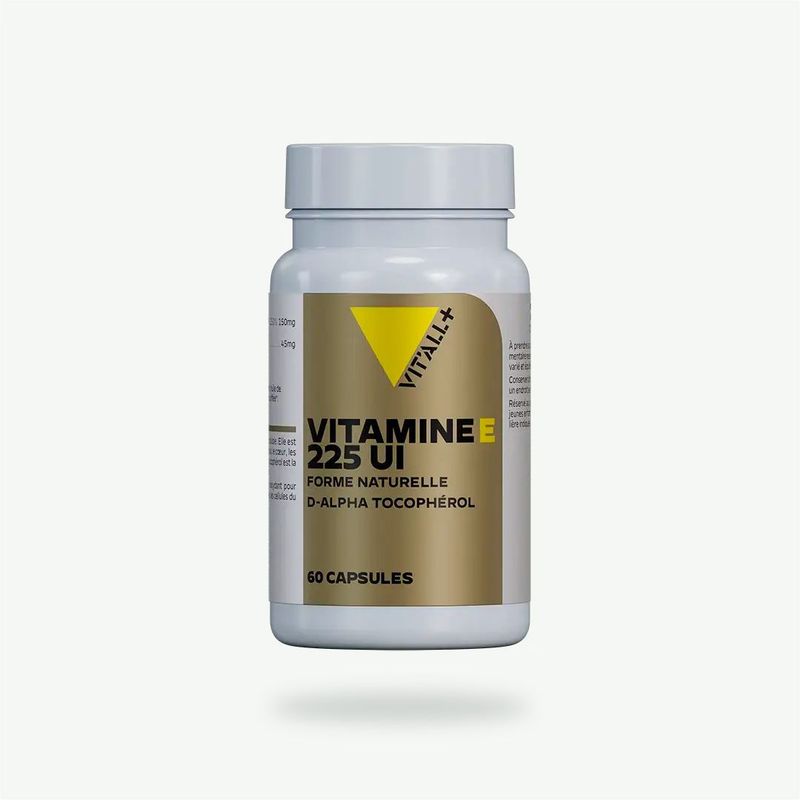 Vitamine E 225 U.I. – 60 capsules Vitamine E 225 UI Vit’All+ – 150 mg de D-alpha-tocophérol naturel extrait de soja – 60 capsules