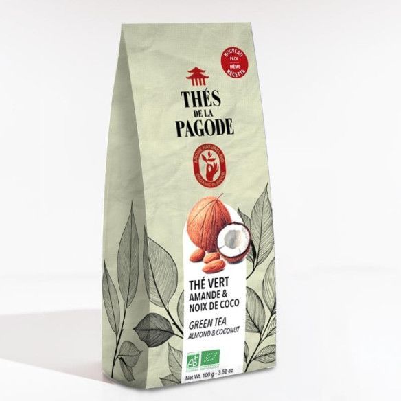 Thé Vert Litchi Coco Bio – 100 g Thé Vert Litchi Coco Bio Thés de la Pagode 100 g au thé vert Chun Mee avec litchi et noix de coco Bio