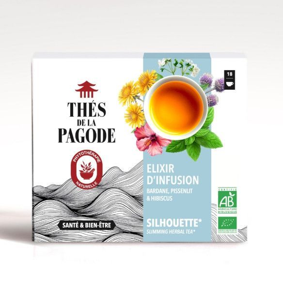 Élixir d’Infusion Silhouette Bio – 18 sachets Élixir d’Infusion Silhouette Bio Thés de la Pagode 18 sachets avec menthe douce, hibiscus, bardane, pissenlit.