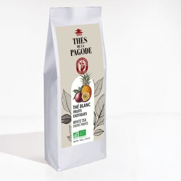 Thé Blanc Fruits Exotiques Bio – 100 g Thé Blanc Fruits Exotiques Bio Thés de la Pagode 100 g au Bai Mu Dan avec fruit de la passion et ananas