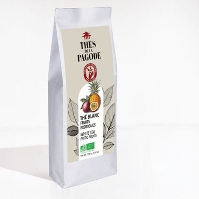 Thé Blanc Fruits Exotiques Bio – 100 g Thé Blanc Fruits Exotiques Bio Thés de la Pagode 100 g au Bai Mu Dan avec fruit de la passion et ananas