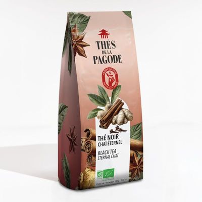 Thé Noir Chaï Éternel Bio – 100 g Thé Chaï Noir Éternel Bio Thés de la Pagode 100 g au thé noir, gingembre, cannelle, cardamome, anis étoilé et clou de girofle